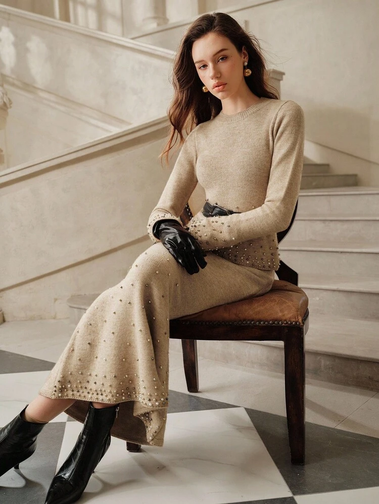 Conjunto de 2 piezas de suéter con cuentas y falda de sirena, elegante, chic, adecuado para otoño, año nuevo, casual, boda