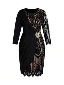 Ellevyn 大码女式花卉蕾丝拼布荷叶边优雅长袖连衣裙 - 黑色 - 查看 11