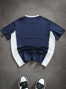 Manfinity Roghcode Men's Casual Colorblock Letter Graphic Round Neck Short Sleeve T-Shirt, Summer - Blue and White - View 2