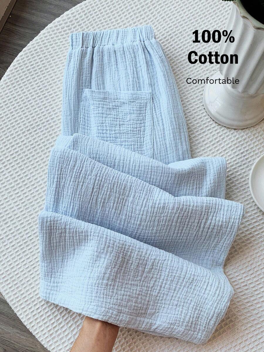 Comfortcana Casual Solid Color Crepe Loose Pants, Summer Holiday - Blue - View 1