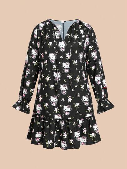 HELLO KITTY AND FRIENDS | SHEIN 大码可爱休闲卡通花卉印花喇叭袖 V 领黑色连衣裙，秋季