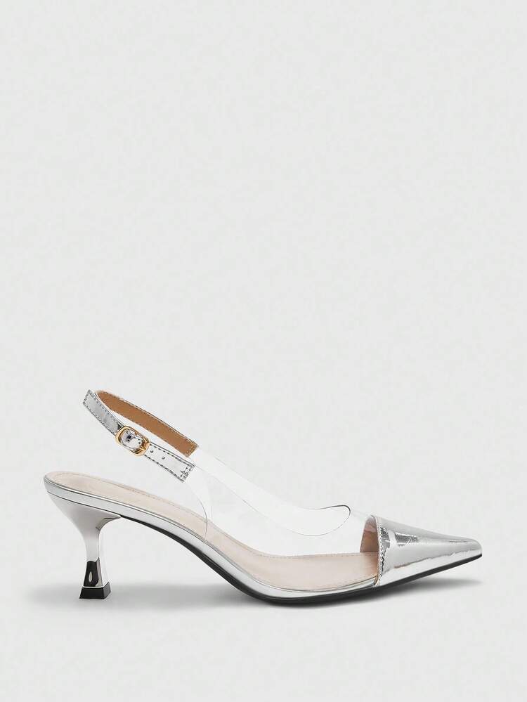 CUCCOO BIZCHIC Women's Pointed Toe Stiletto Heel Transparent TPU Silver Elegant Commuter Party Gathering Office Worker Shoes, Backless High Heel Pumps For Christmas Spring Shoes