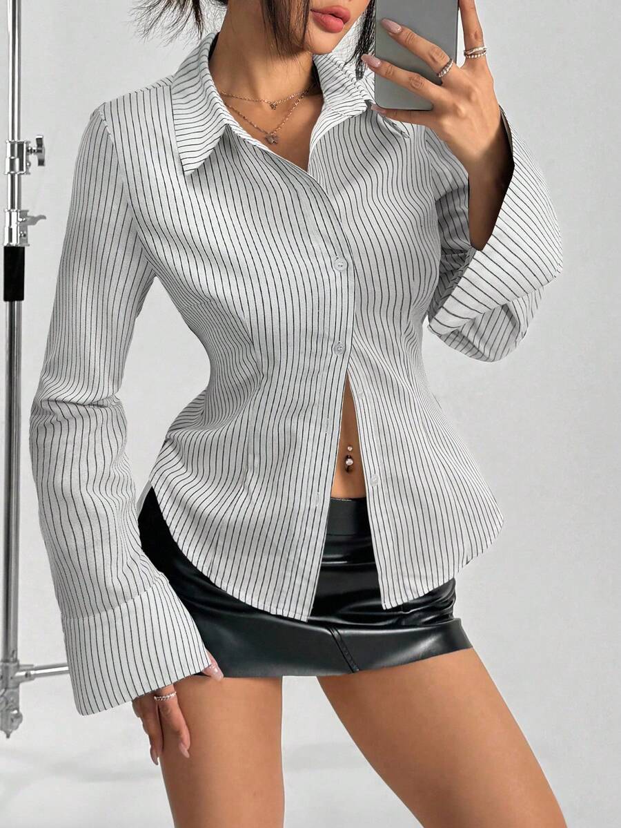 Flirla 女式纽扣长袖条纹休闲商务衬衫 - 黑與白 - 查看 1