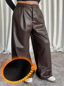 Dazy Plus Plus Size Women Loose Straight PU Leather Biker Pants, Street Style, Versatile For Autumn/Winter - Brown - View 1