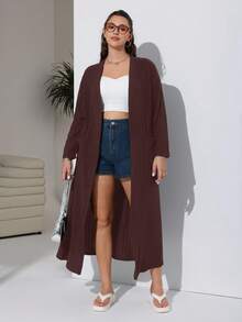 SHEIN EZwear 秋季大码女式纯色落肩长袖罗纹休闲长款夹克 - 棕色 - 查看 3