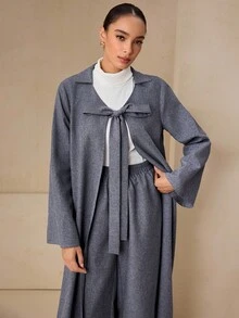Graceveil 女式宽松双色梭织面料超长喇叭袖开衫，前系蝴蝶结设计和宽松腰部裤子套装 - 淺灰紫 - 查看 5