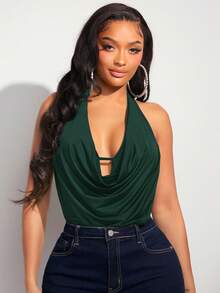 SHEIN PETITE CURVE 女式加大码垂坠前露背吊带紧身衣 - 墨綠色 - 查看 6