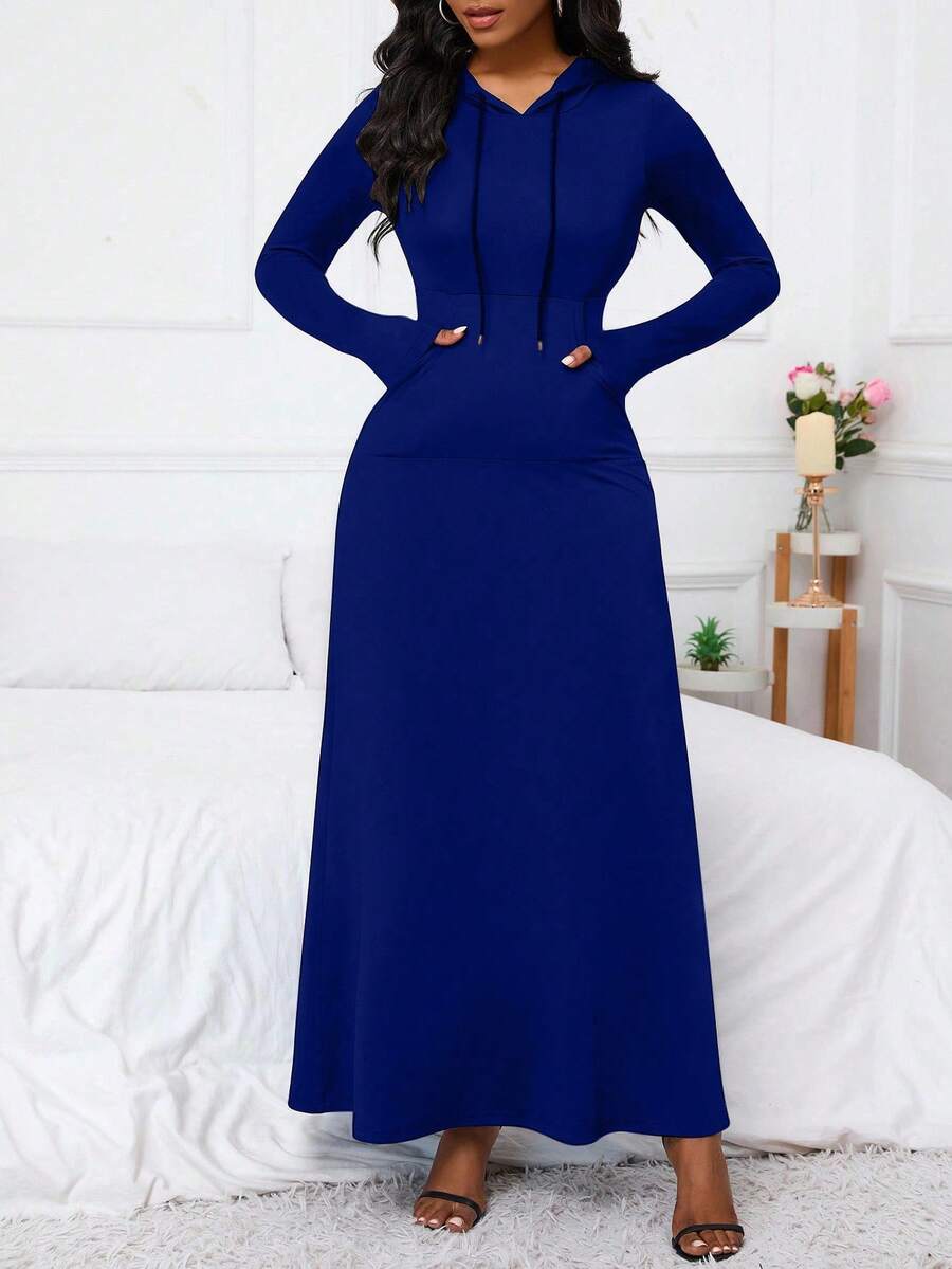 EMERY ROSE Women's Hooded Drawstring Pocketed Dress Maxi Women Outfit - Dark Wash - View 1