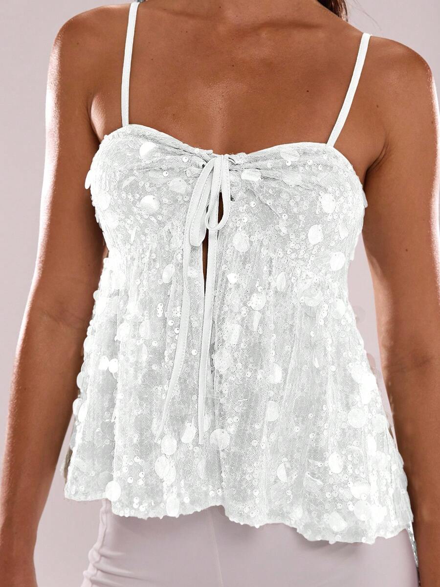 SHEIN BAE Áo hai dây sequin thời trang dành cho nữ, mùa hè - trắng - Xem 1