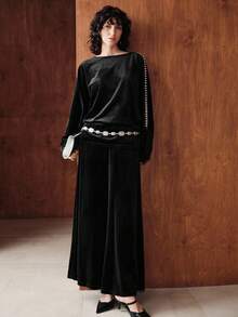 Uhlyne Uhlyne Women's Minimalist Elegant Velvet Batwing Sleeve Rhinestone Ribbon Splice T-Shirt - Black - View 7