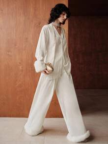 Uhlyne Women's Autumn White Faux Fur Patchwork Wide Leg Pants, Minimalist Pleated Trousers, Versatile For Business, Casual And Holiday Wear - White - View 7