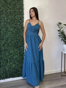 Andrea Bello Women's Romantic Orange Beach Vacation V-Neck Pleated Backless A-Line Cami Long Dress For Spring Summer Hawaii - Teal Blue - View 5