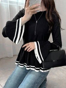 FRIFUL 女式撞色条纹喇叭袖荷叶边下摆毛衣女式长袖上衣长袖黑色上衣女式喇叭袖黑色毛衣秋冬