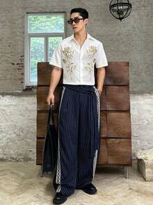 SWAVVY Digital Print Turndown Collar Loose Fit Short Sleeve Shirt For Men - Beige - View 1