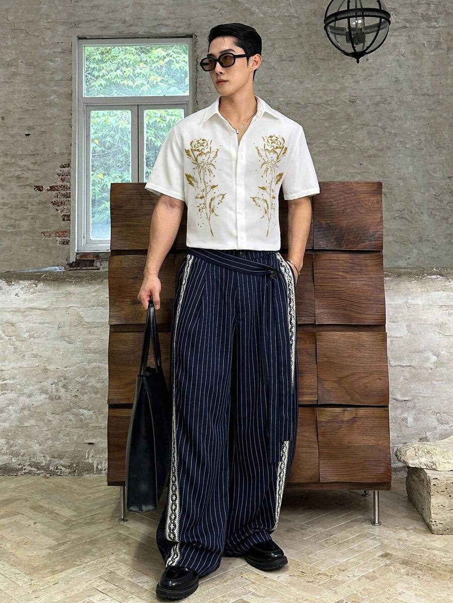 SWAVVY Digital Print Turndown Collar Loose Fit Short Sleeve Shirt For Men - Beige - View 1