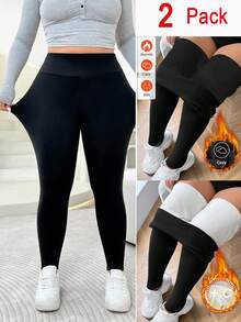 Solflare 2pcs/Set Plus Size Women Solid Color High Stretch Thick Leggings - Black - View 10