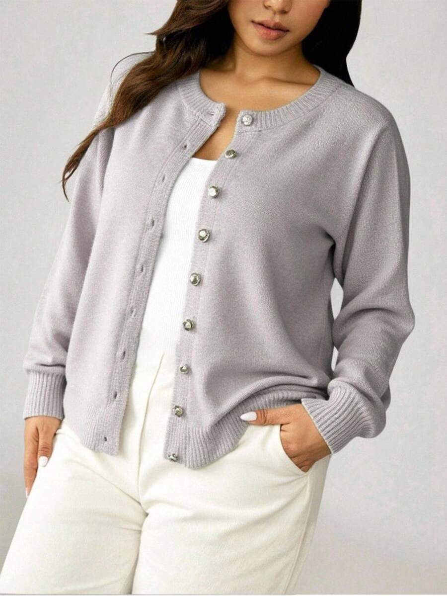 SHEIN LUNE 大码休闲纯色金色纽扣长袖开衫 - 淺灰色 - 查看 1
