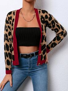EURMUSE Leopard Pattern Contrast Trim Drop Shoulder Cardigan - Brown - View 3