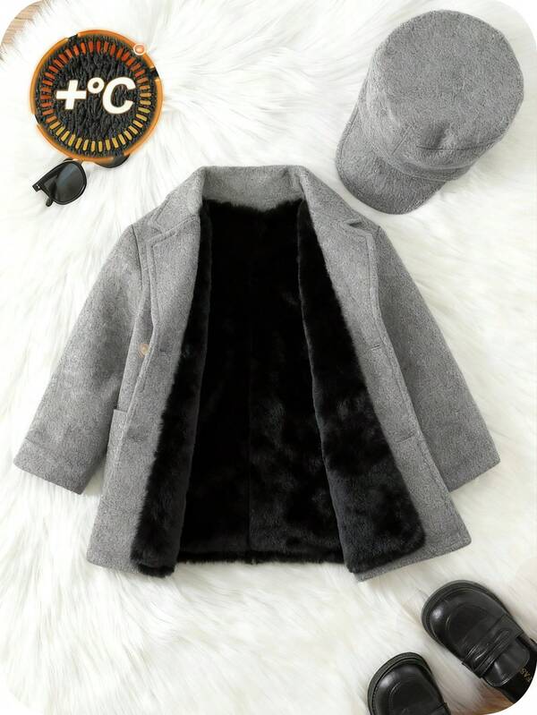 SHEIN Buy 1 Get 1 Free Baby/Baby Boy/Girl 2pcs/Set Fleece Thickened Grey Woolen Coat Jacket With Hat, Padded Coat, Winter Coat, Quilted Coat, Comfortable Versatile Simple All-Match Style, Suitable For Indoor, Outdoor Skiing, Daily Wear, Sports, Play, Party, Photo Shoot, Festival, Christmas, Halloween Fall