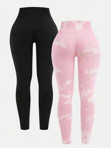 SHEIN 2 Packs Ribbed Seamless Leggings For Young Girls, Baby Pink Summer Gym No See-Through High Waisted Tummy Control Yoga Pants Athletic Running Cycling - Multicolor - View 2