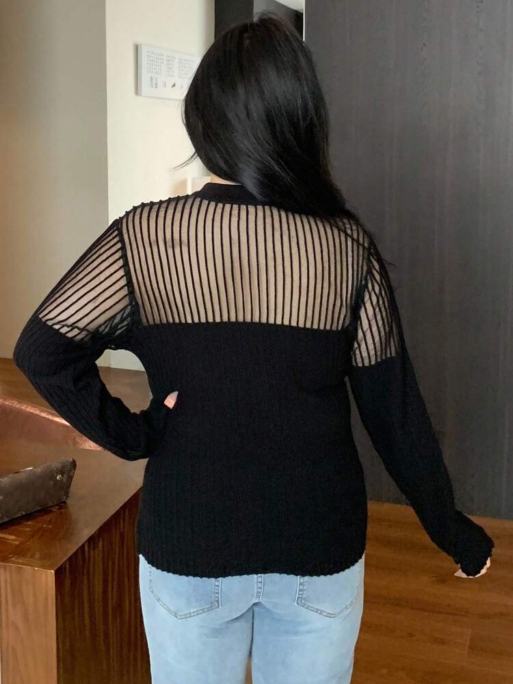 Dazy Plus Plus Size Women V-Neck Hollow Out Patchwork Long Sleeve Fitted Pullover Sweater, Autumn