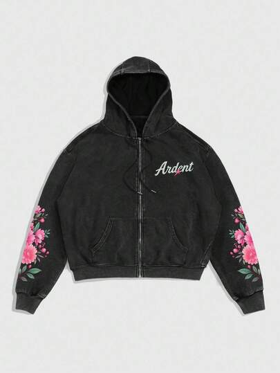 Goth Sudadera con capucha con cremallera y cordón, estampado floral y de letras, estilo casual y de moda para hombre, primavera/otoño