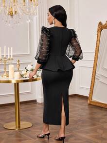 SHEIN Lady Women's Elegant Classy Patchwork Sheer Mesh Rhinestone Buckle Peplum Fitted Black Autumn Dress Luxury Sequin Evening Dinner Formal Party Wedding - Black - View 3