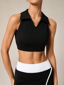 Hanevo Women's Solid Color Turndown Collar Cropped Fitness Sports Tank Top - Black - View 5