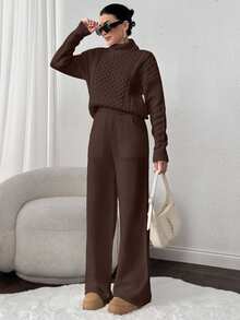 EURMUSE 2pcs Set: Cable Knit Turtleneck Long Sleeve Top And Solid Color Pants - Brown - View 7