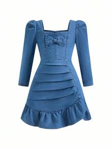Elladie kids Girls Blue Autumn Washed Casual Fitted Pleated Denim Dress,Ruched Hem,Cute Bow Decor,Suitable Everyday Wear,Minimalist & Fashionable Fall Winter - Medium Wash - View 4