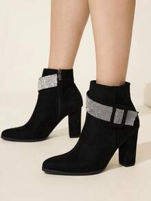 CUCCOO CHICEST Botas de tobillo con tacón grueso de strass para mujer, nuevas botas de vestir de terciopelo para otoño/invierno - Negro - Ver 3