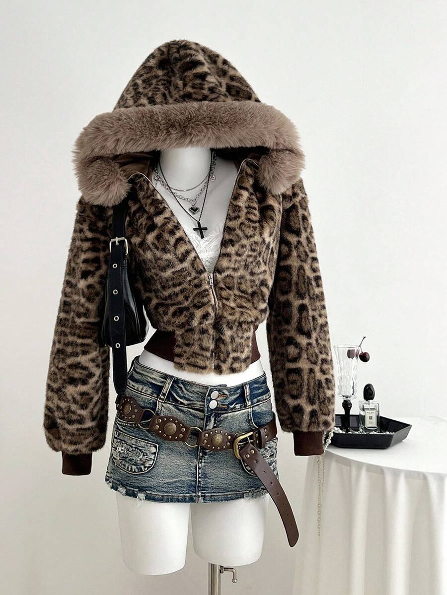 Elamini 1 件棕色豹纹印花毛绒拼布人造毛领拉链复古连帽夹克，适合女士，适合万圣节和节假日的温暖冬季外套 - 棕色 - 查看 1
