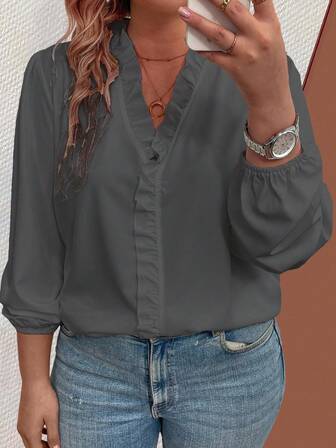 Flouryn Plus Size Women's Casual V-Neck Ruffle Trim Lantern Sleeve Blouse, Solid Color, Suitable For Spring/Autumn Daily Commute