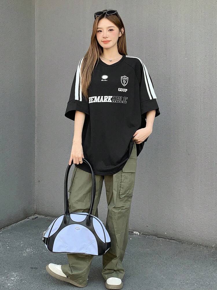 Round Neck Striped Side Slit T-Shirt Oversized T-Shirt,Graphic Tees