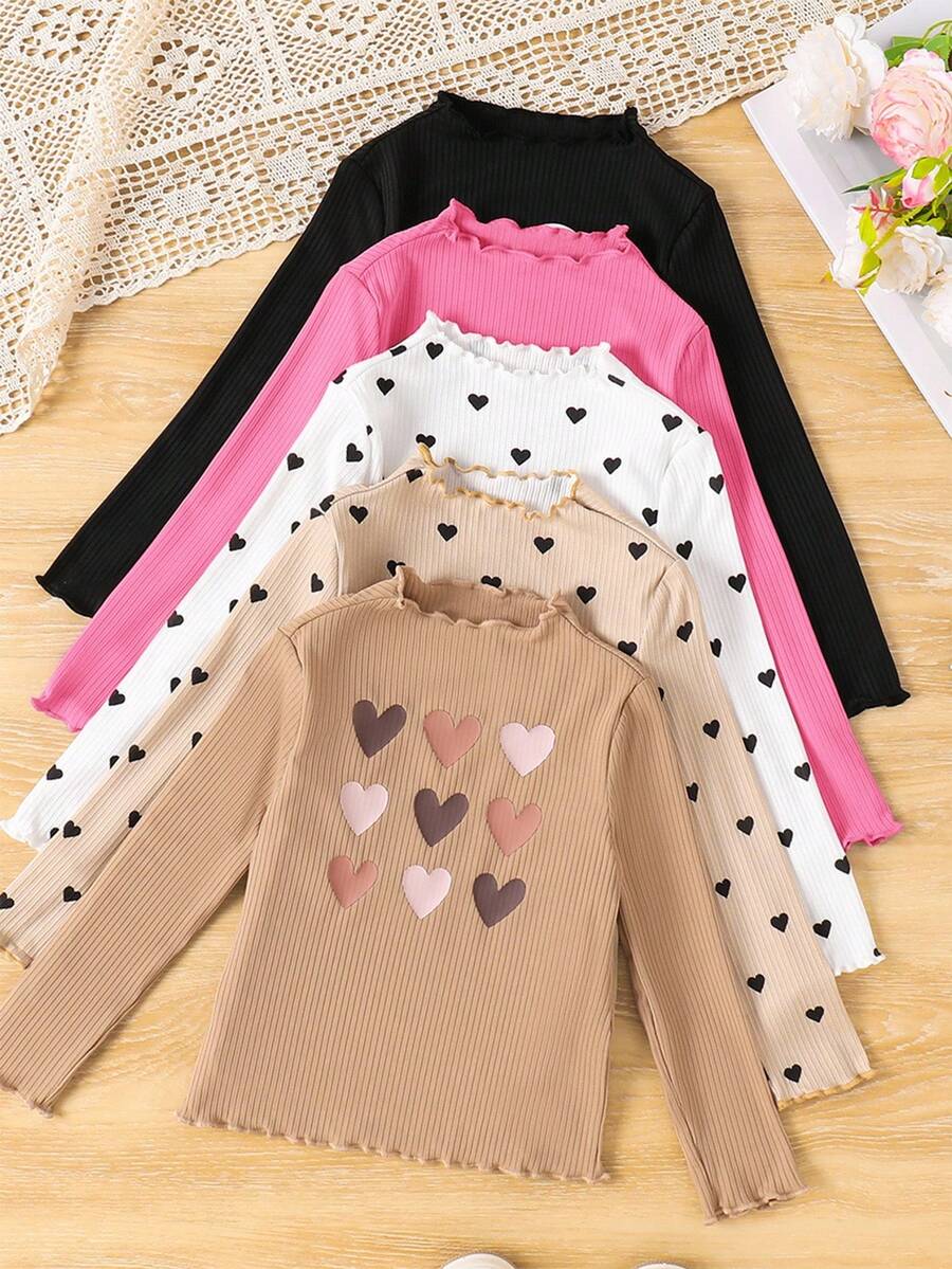 SHEIN Áo thun tay dài co giãn dệt kim màu trơn thường ngày cho bé gái nhiều kiểu, thích hợp mặc thường ngày & hàng ngày & đi học hàng ngày vào mùa thu & đông, phải có, đa năng, phù hợp cho mẹ và con gái - Hồng - Xem 1