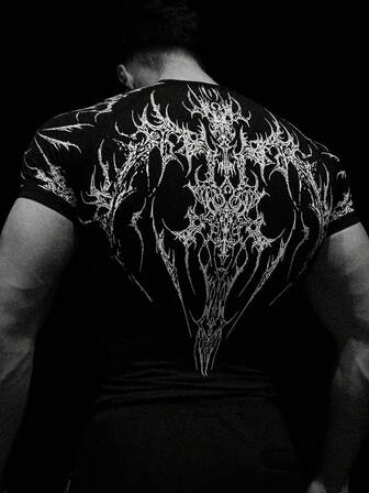 Manfinity Sport PWRUP 男士哥特式印花圆领插肩短袖运动T恤男士图案T恤骷髅衬衫纹身衬衫图案衬衫万圣节运动服