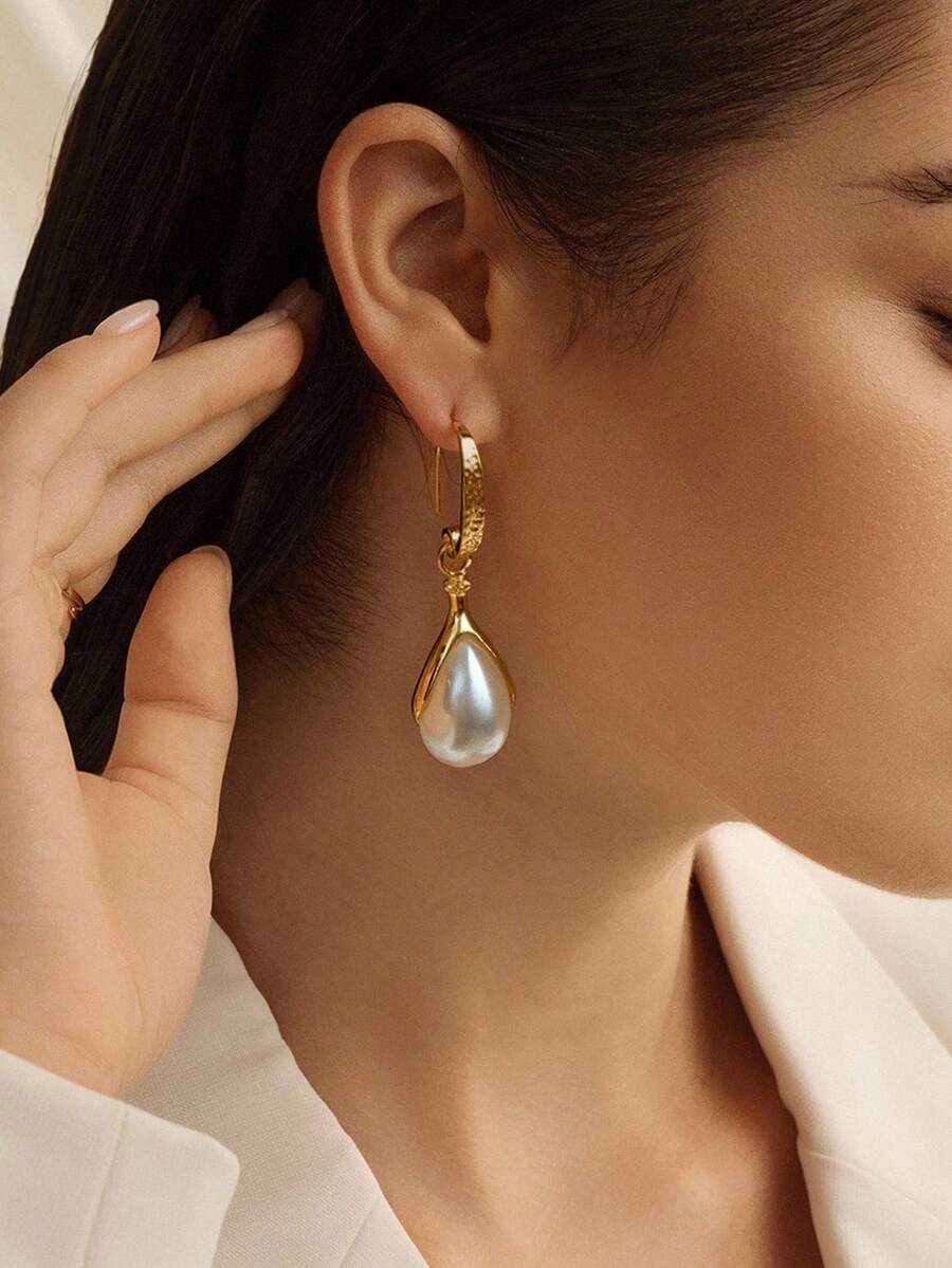 Opalesca 1 对女士仿珍珠时尚耳环，适合日常佩戴 - 金黃色 - 查看 1