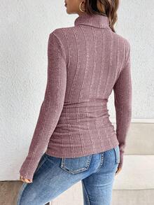 SHEIN 孕妇休闲罗纹高领长袖修身T恤，秋冬款 - 粉色 - 查看 2