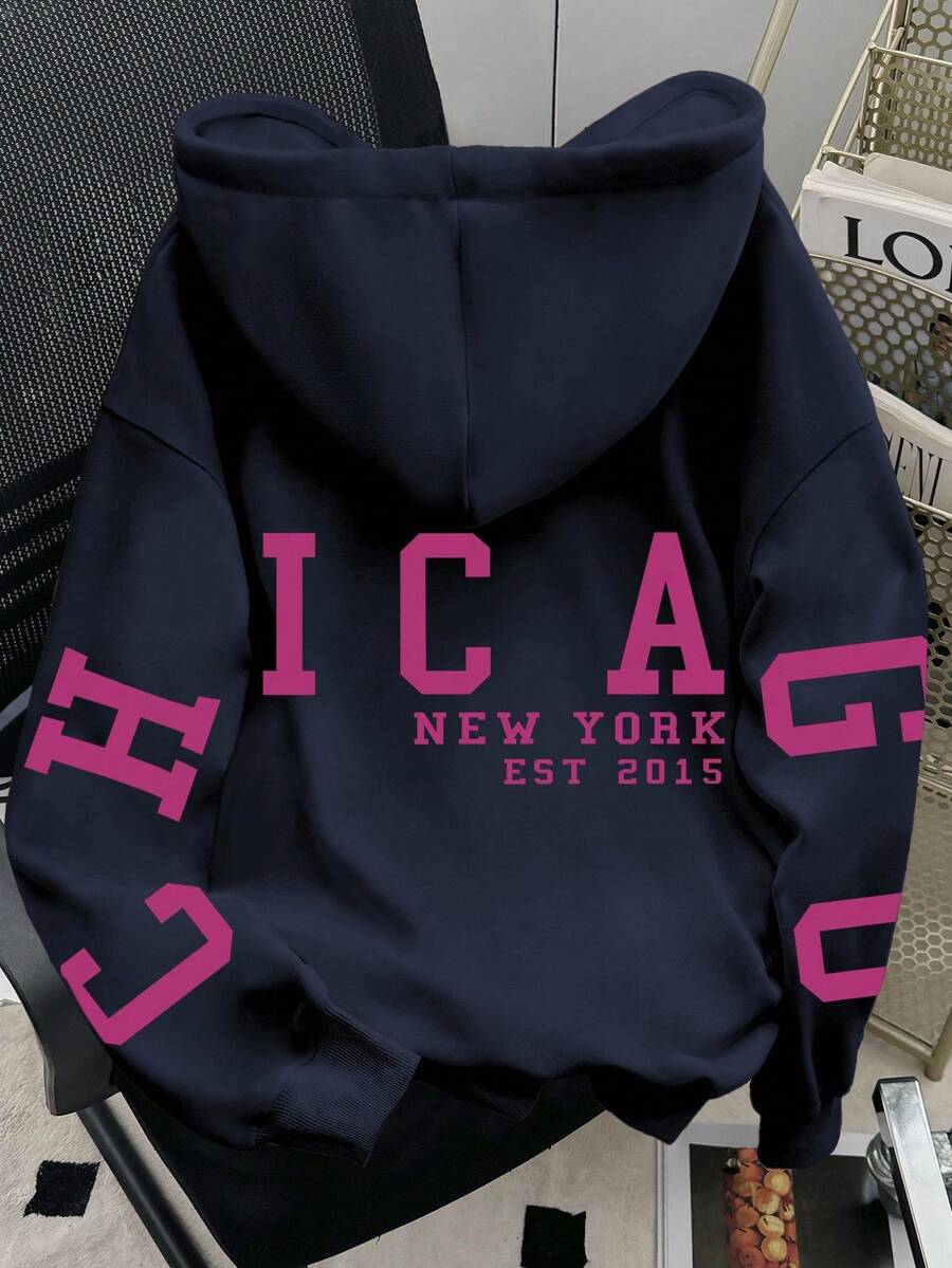 INAWLY Áo sweatshirt nữ phong cách thường ngày, in chữ, dáng rộng, vai rớt, có dây rút. - Màu xanh hải quân - Xem 1