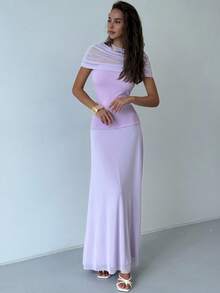 Aloruh Minimalist Party Banquet Light Purple Mesh Patchwork Extra Long Women Dress