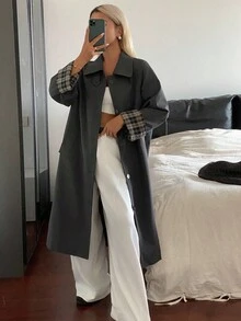 DAZY 拼接格纹宽松长袖翻领袖口休闲街头秋冬女式外套 - 灰色 - 查看 6