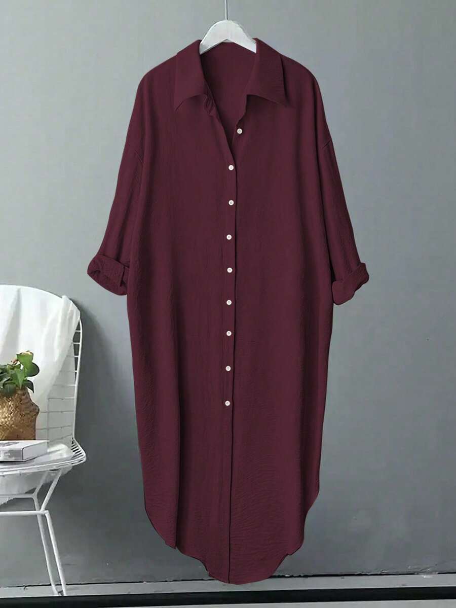 EMERY ROSE Camisa larga y suelta de un solo pecho de unicolor de manga larga para mujer de talla grande - Rosa Fucsia - Ver 1