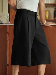 SWAVVY Men's Casual Loose Solid Color Woven 3/4 Pants, Everyday Wear - Black - View 4