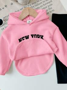 Babygirl Autumn/Winter Cute Letter Embroidered Fleece Hoodie And Elastic Waist Black Pants 2-Piece Set