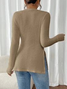 SHEIN Frenchy Women's Casual Solid Color Round Neck Long Sleeve Slit Hem T-Shirt Winter Brown Spring - Khaki - View 2