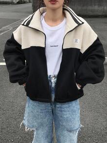 FRIFUL 1pc Women Casual Daily Wear Mixed Material Zip Up Stand Collar Sweatshirt, Autumn,Thermal Lined Jacket