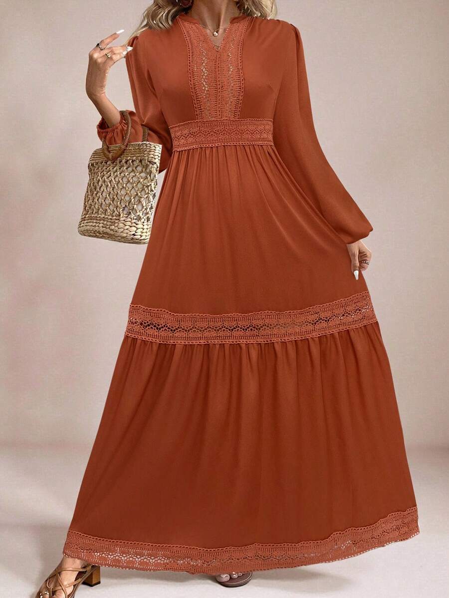 SHEIN VCAY Đầm dài tay bó eo màu trơn thường ngày cỡ lớn cho nữ - Rỉ Nâu - Xem 1