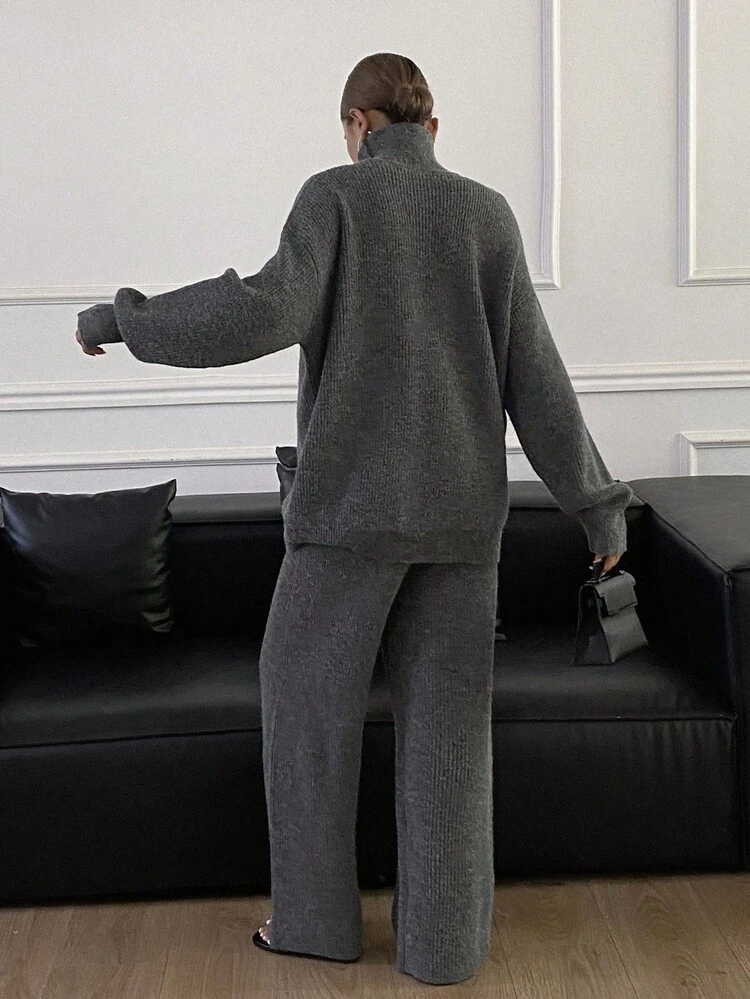 Women's Casual Solid Color Turtleneck Sweater & Pants 2 Pieces Set, Autumn