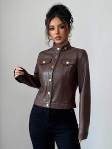 Elenzga Áo khoác nữ tay dài, ngắn, phong cách Pháp lãng mạn, Sicily, mùa thu/đông, chất liệu da PU trơn màu, hở phía trước, nút kim loại, cổ áo trang trí, túi - màu nâu - Xem 5