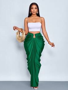 SOLERSUN Women's Fashion Solid Color Gathered Ruched Skirt - Dark Green - View 6